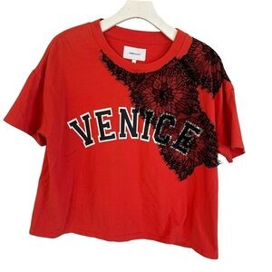 Current/Elliot Venice Beach Red Black Flower Embroidered T Shirt Size 1 (S) NWOT